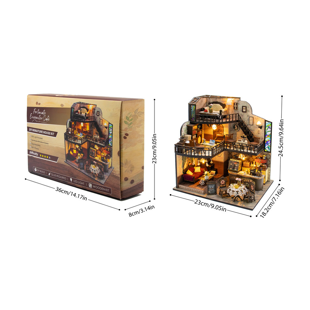 Hongda Fortunate Encounter Cafe DIY miniature house kit showing product packaging, finished model, and assembled dimensions