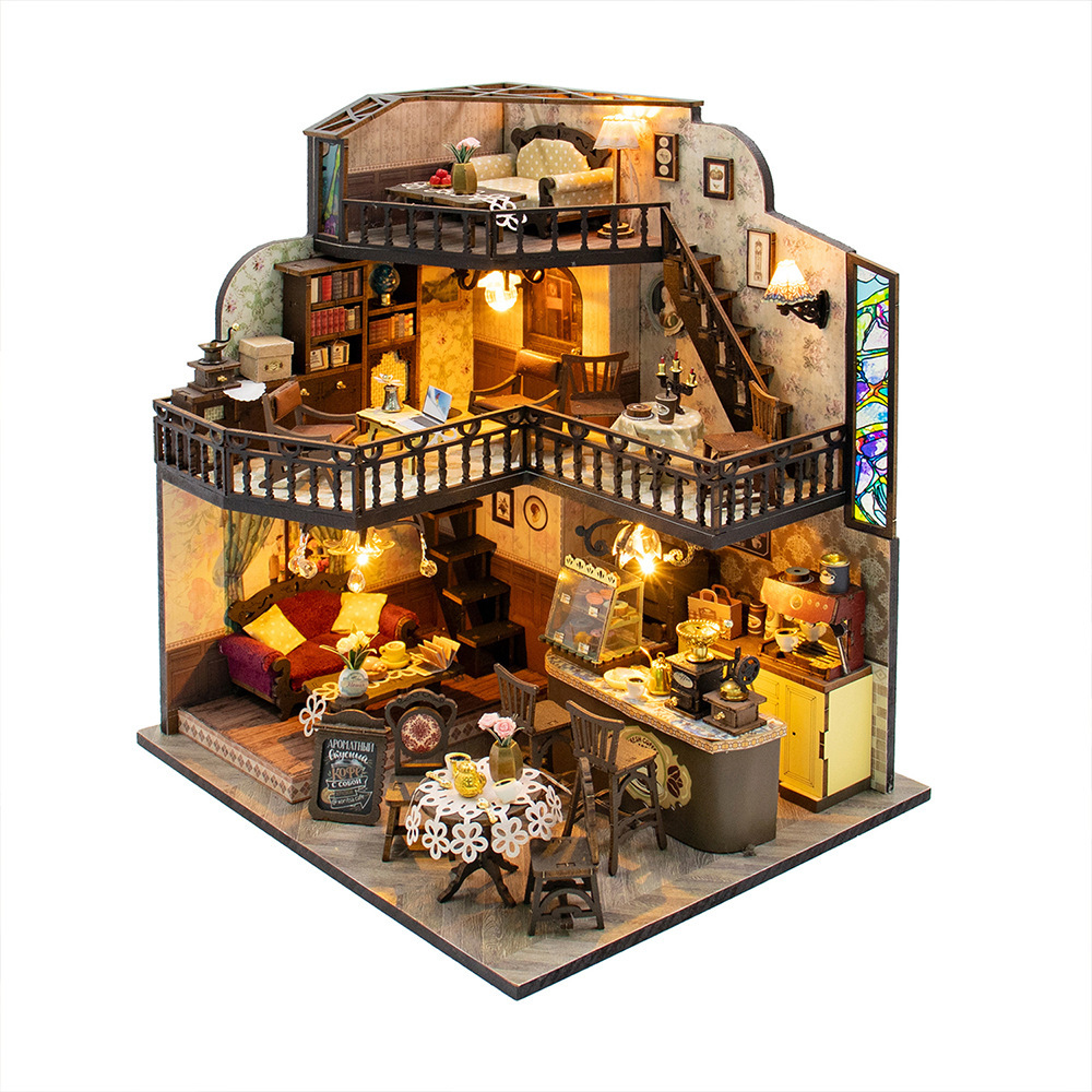 Hongda Fortunate Encounter Cafe DIY miniature house kit featuring a multi-level coffee shop interior, warm LED lighting, realistic furniture, and intricate handcrafted details
