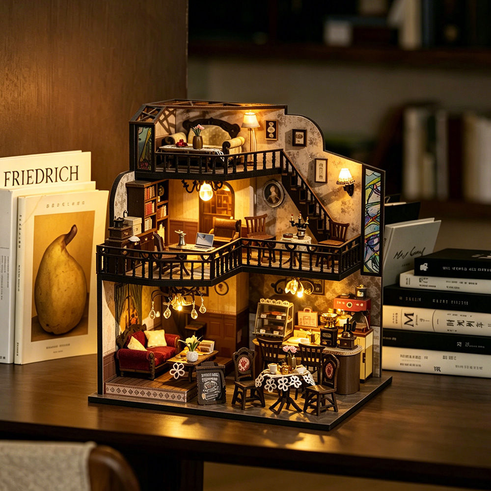 Hongda Fortunate Encounter Cafe DIY miniature house creating a cozy coffee shop atmosphere with illuminated interiors, detailed furnishings, and elegant home display appeal