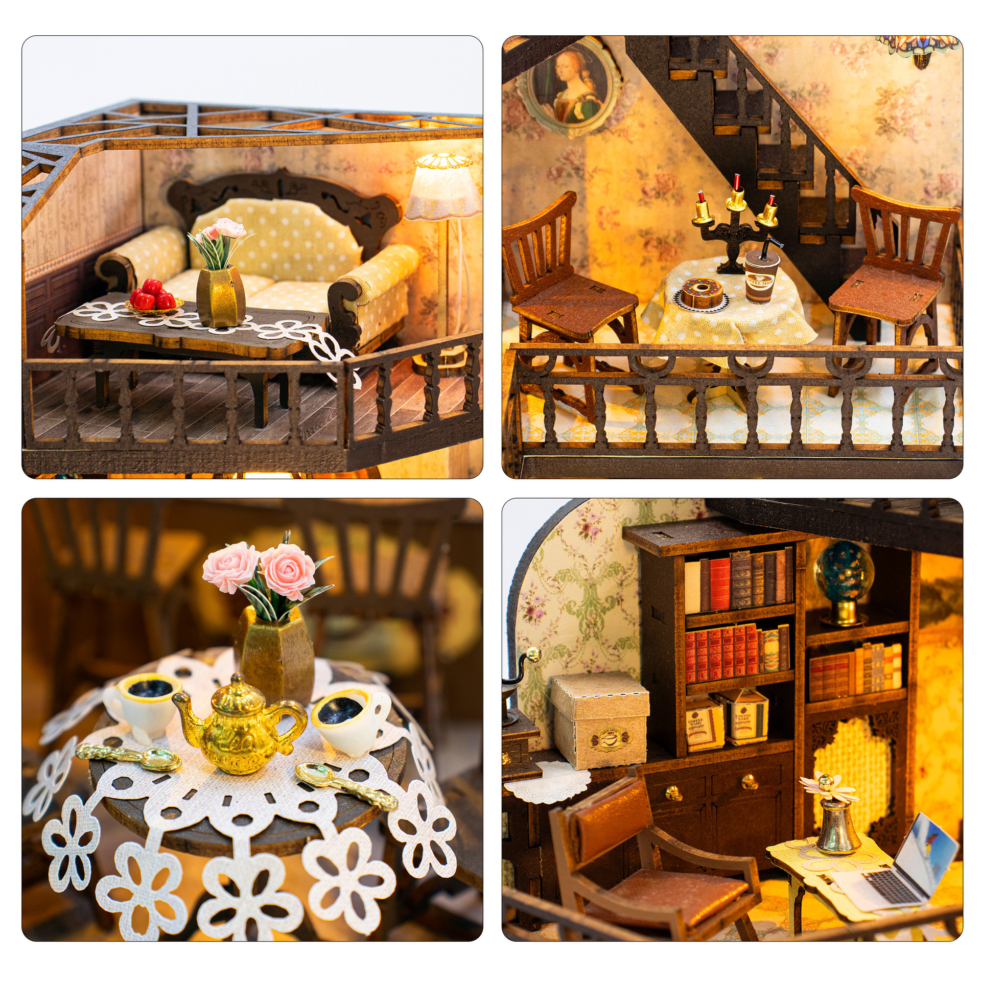 Close-up details of the Hongda Fortunate Encounter Cafe DIY miniature house featuring handcrafted furniture, cozy seating, coffee table accessories, bookshelves, and warm LED lighting