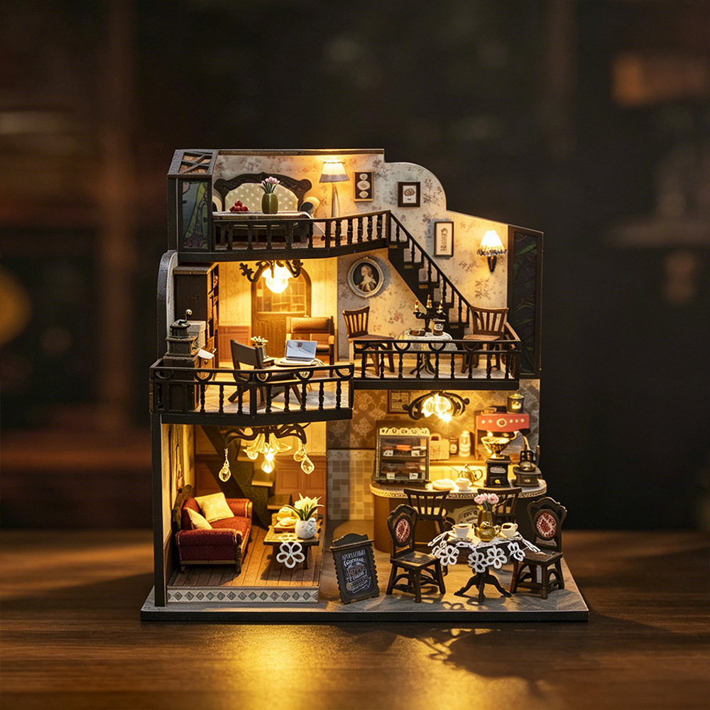 Completed Hongda Fortunate Encounter Cafe DIY miniature house displayed on a desk, featuring realistic café furniture, decorative details, and warm ambient lighting