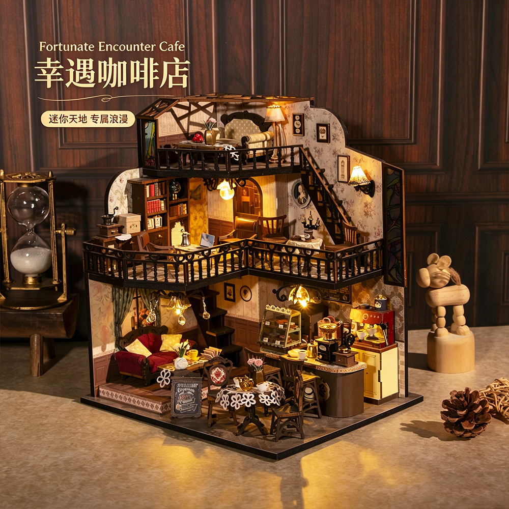 Hongda Fortunate Encounter Cafe DIY miniature house kit with warm LED lighting, detailed coffee shop interior, multi-level layout, and cozy handcrafted decor