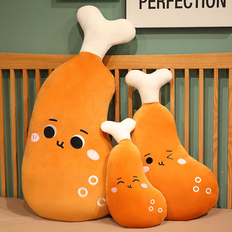 Cute Chicken Drumstick Plush Pillows in 50 cm, 75 cm, and 100 cm sizes with three adorable expressions, perfect for hugging and home decor