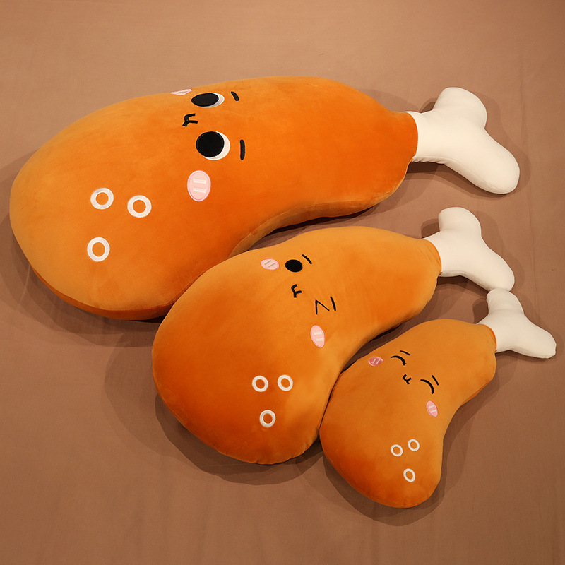 Chicken Drumstick Plush Pillow available in 50 cm, 75 cm, and 100 cm sizes, featuring soft plush fabric, PP cotton filling, and three cute facial expression designs