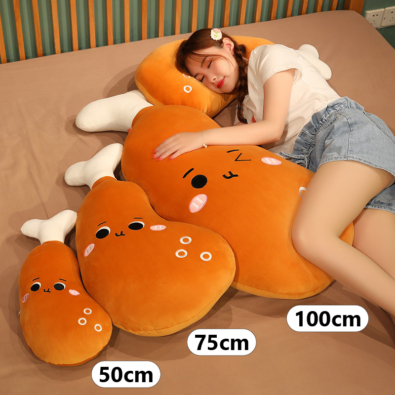 Chicken Drumstick Plush Pillow shown in 50 cm, 75 cm, and 100 cm sizes, ideal for hugging, napping, relaxing, and adding cozy charm to bedrooms and living spaces