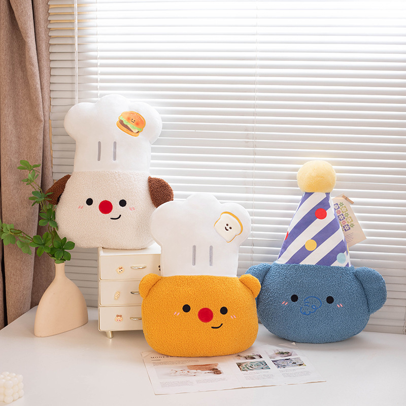 Chef Bear, Chef Dog and Party Elephant plush pillows displayed together on a tabletop, featuring soft plush fabric, embroidered faces, and adorable hats for cozy room decor and gifting