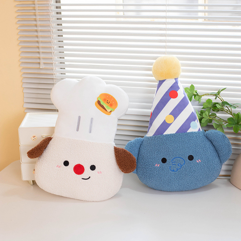 Chef Dog and Party Elephant plush pillows displayed together, featuring soft plush fabric, embroidered details, and playful character designs for cozy home decor and gifting