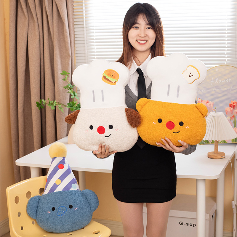 Chef Bear, Chef Dog and Party Elephant plush pillows showcasing their cute character designs, soft textures, and cozy size for hugging, decorating bedrooms, sofas, and reading corners