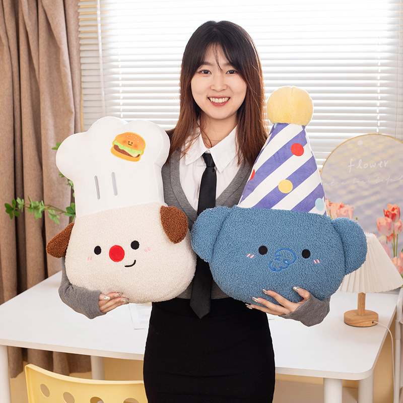 Chef Dog and Party Elephant plush pillows showcasing soft plush textures, playful character designs, and cozy comfort for hugging, displaying, and adding a cute touch to home decor