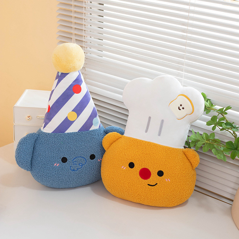 Party Elephant and Chef Bear plush pillows showcasing soft plush textures, adorable character designs, and charming accents for bedrooms, sofas, and reading corners