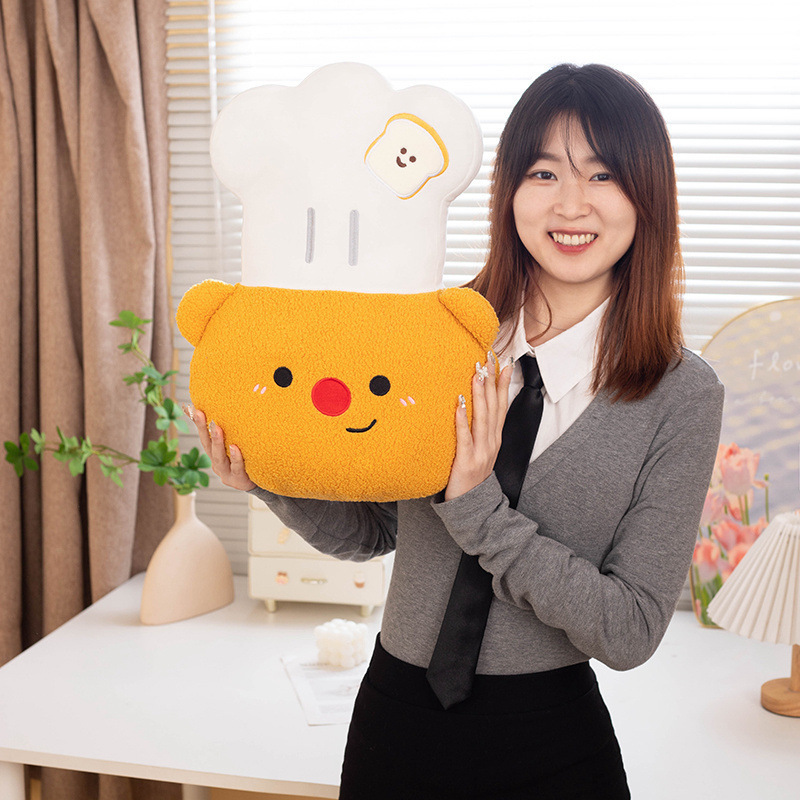 Chef Bear plush pillow with a soft chef hat, fluffy plush fabric, and embroidered smile, offering cozy comfort for hugging, decorating bedrooms, sofas, and reading corners