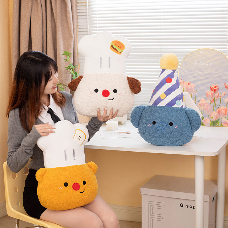 Chef Bear, Chef Dog and Party Elephant plush pillow collection arranged in a bright, cozy room, highlighting soft plush fabric, playful character designs, and charming home decor appeal