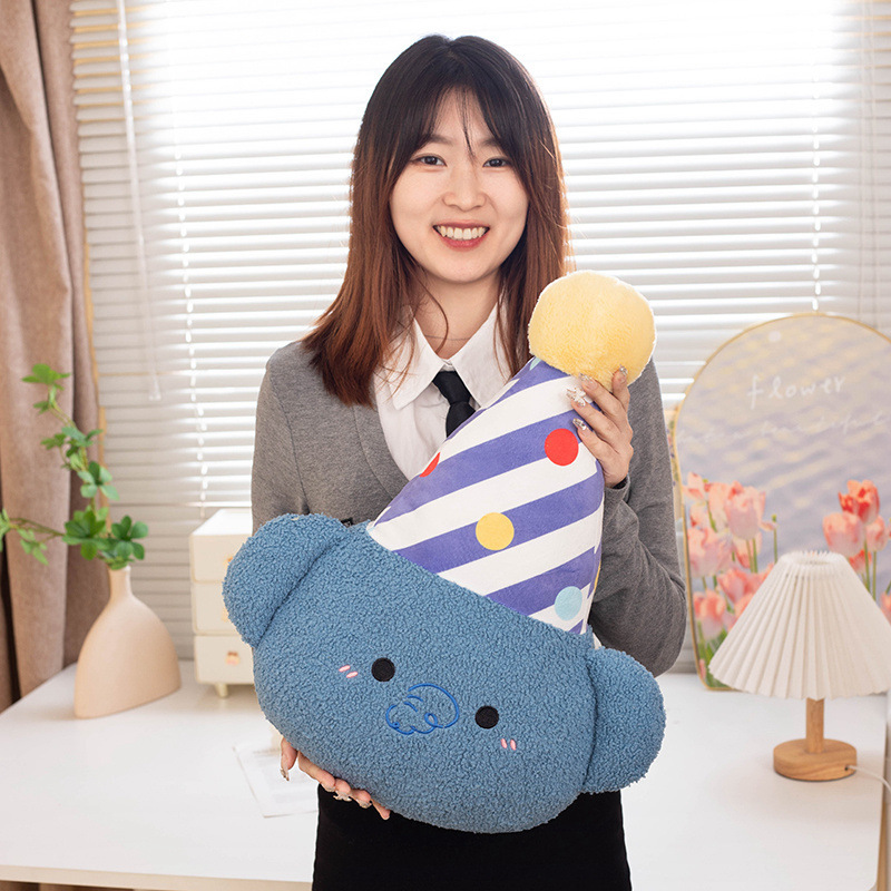Party Elephant plush pillow with a colorful party hat, soft plush fabric, and embroidered details, bringing playful charm, cozy comfort, and cheerful decoration to any living space