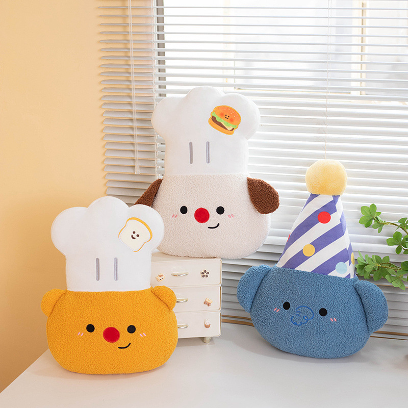 Chef Bear, Chef Dog and Party Elephant plush pillows displayed together, featuring soft plush fabric, embroidered details, and adorable character designs for cozy home decor, hugging, and gifting
