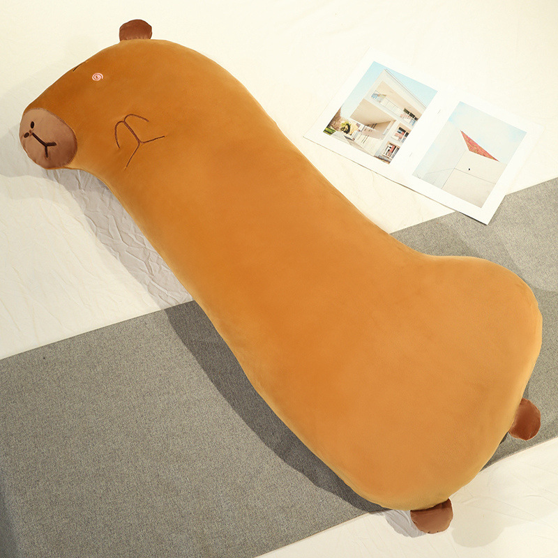 Capybara Long Plush Pillow with a soft plush exterior, embroidered capybara details, and a long body design for hugging and relaxing