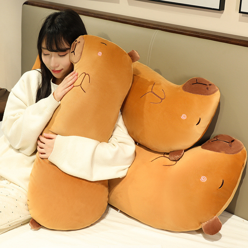 Capybara Long Plush Pillow with soft plush fabric and PP cotton filling, shown as a cozy hugging pillow for relaxing, sleeping, or bedroom decor