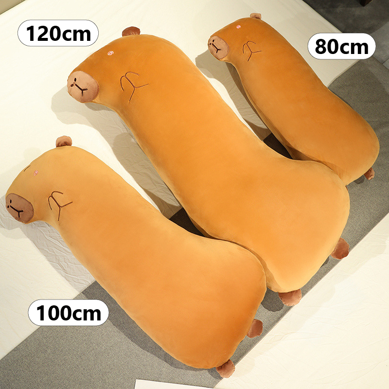 Capybara Long Plush Pillow size comparison showing the available 80 cm, 100 cm, and 120 cm options
