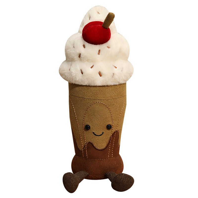 Cute Chocolate Milkshake Plush Toy with fluffy whipped cream, cherry topping, smiling embroidered face, soft plush fabric, and dangling legs