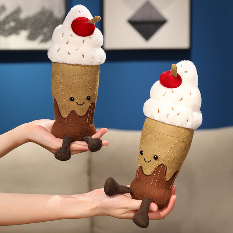 Chocolate Milkshake Plush Toys with fluffy whipped cream, cherry topping, and dangling legs, perfect for gifting or display