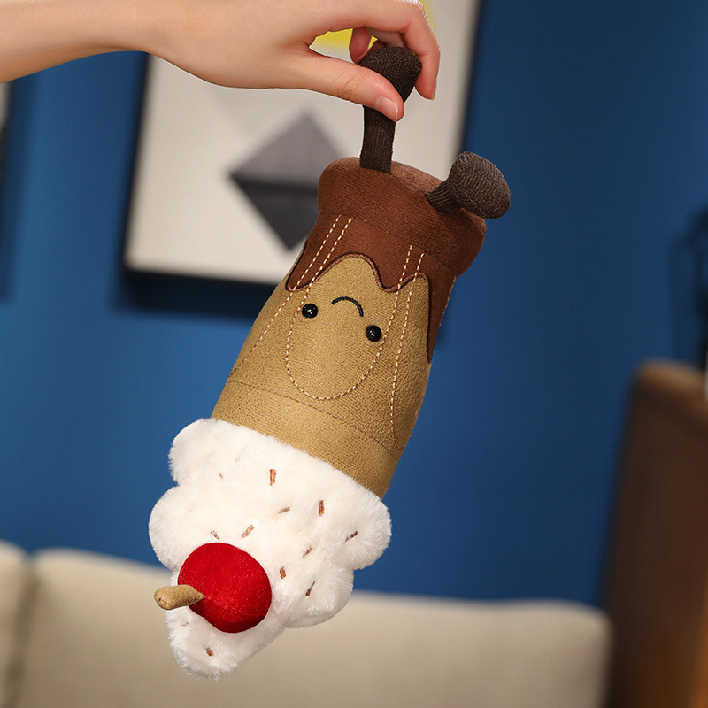 Chocolate Milkshake Plush Toy showing its soft plush body, dangling legs, fluffy whipped cream topping, and cherry detail from a different angle