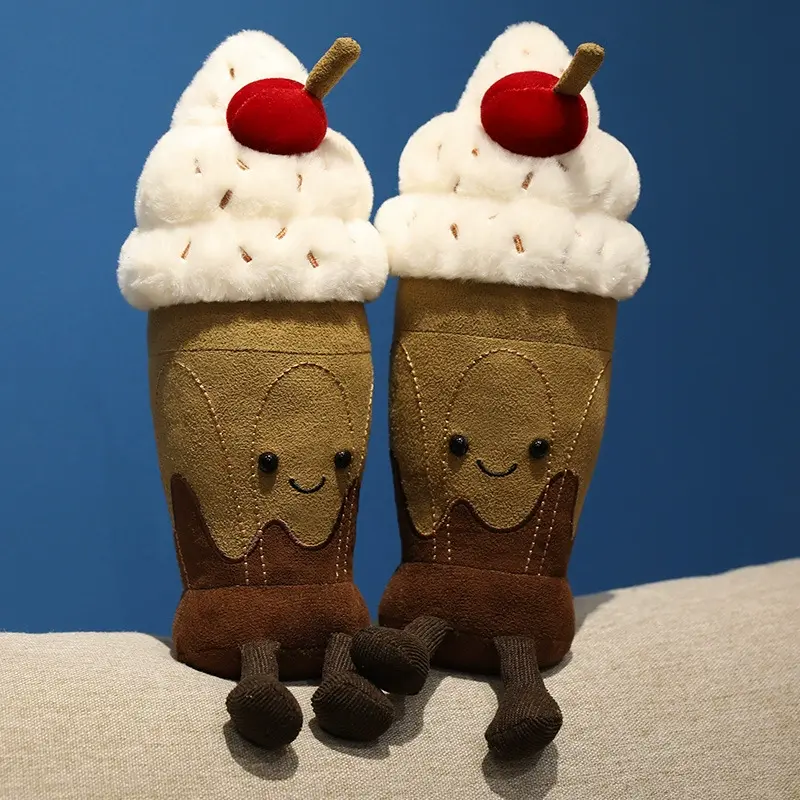 Chocolate Milkshake Plush Toys displayed side by side with smiling embroidered faces, soft plush fabric, and cute dessert-inspired design