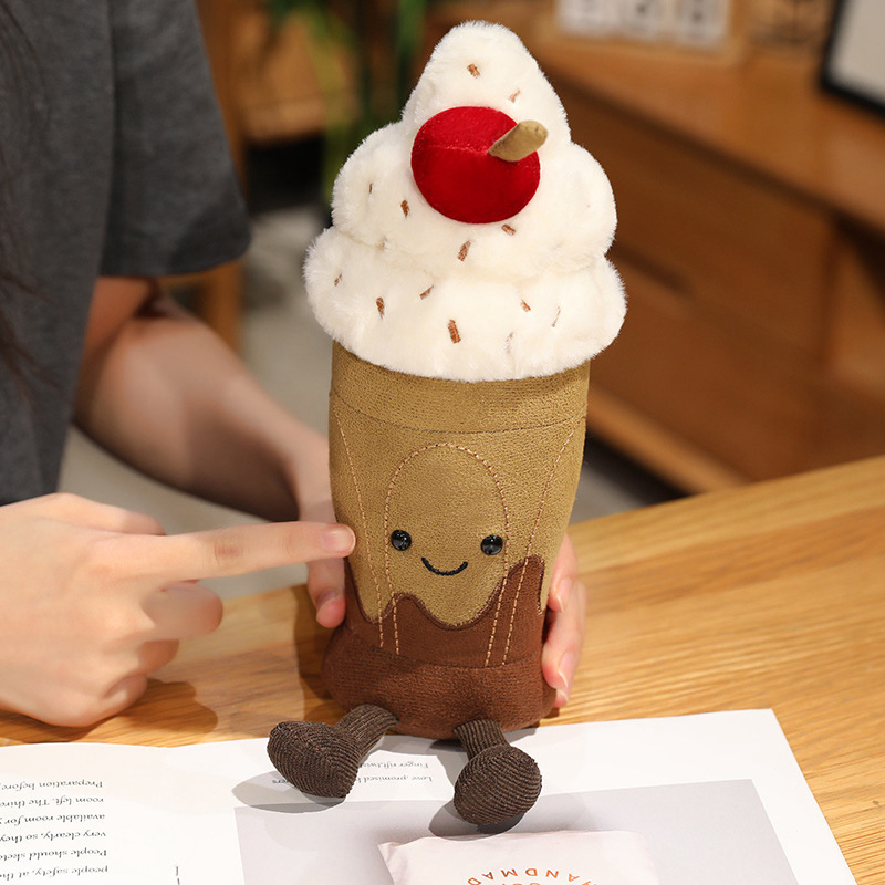 Cute Chocolate Milkshake Plush Toy with soft plush fabric, embroidered smiling face, fluffy whipped cream, and cherry topping