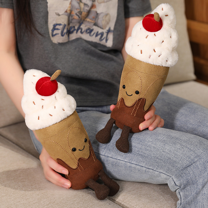 Chocolate Milkshake Plush Toys with fluffy whipped cream, cherry topping, smiling embroidered faces, and dangling legs displayed together