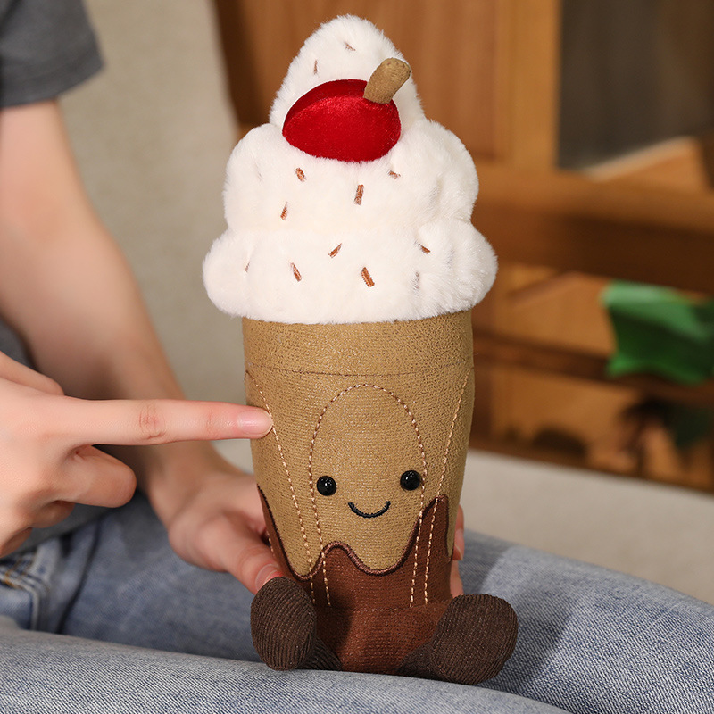 Chocolate Milkshake Plush Toy highlighting the embroidered smiling face, chocolate drizzle detail, fluffy whipped cream, and cherry topping