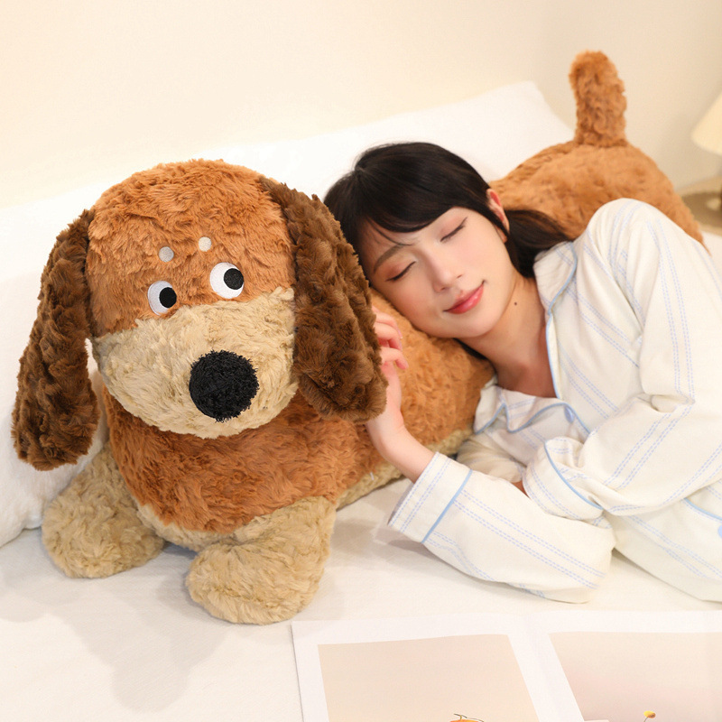 Dachshund Plush Pillow providing soft support for resting, featuring a long dog design, plush fabric, floppy ears, and a cozy bedroom setting