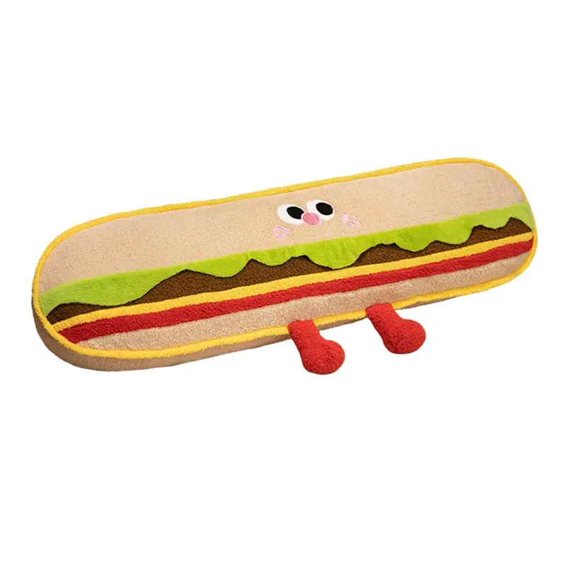 Hamburger Plush Pillow featuring a cute smiling hamburger design with soft plush fabric and colorful embroidered details on a white background