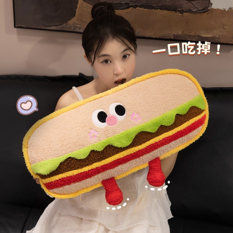 Hamburger Plush Pillow with a smiling food design, soft plush texture, and playful details for hugging, decorating, and cozy comfort