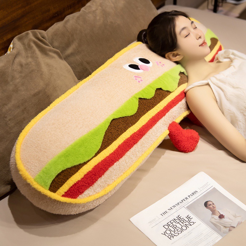 Hamburger Plush Pillow used as a soft headrest for resting, napping, and adding playful comfort to a cozy bedroom