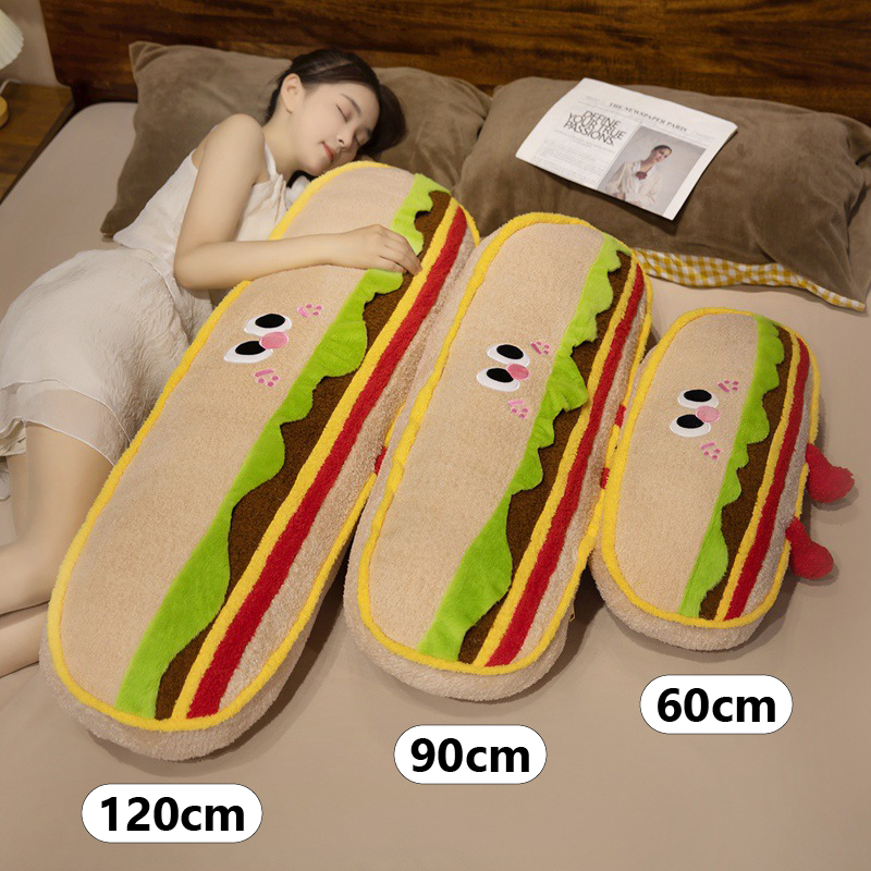 Hamburger Plush Pillow shown in 60 cm, 90 cm, and 120 cm sizes, highlighting the different size options for hugging, sleeping, and home decor