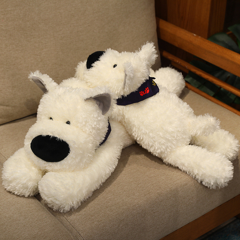 Two Bandana Dog Plush Toys displayed together, highlighting the lying and sitting poses, fluffy texture, and charming decorative appeal for sofas and bedrooms
