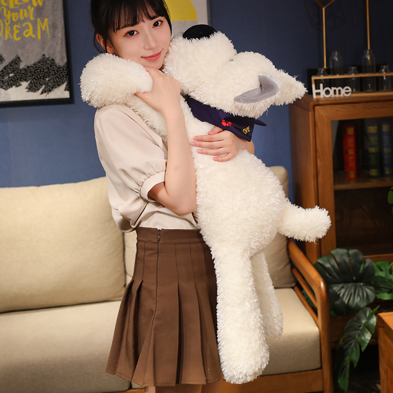 Cute Bandana Dog Plush Toy with fluffy white plush, a soft cuddly body, and a cozy design perfect for hugging, lounging, and everyday comfort