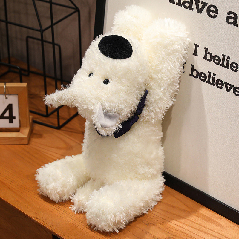 Bandana Dog Plush Toy sitting upright with fluffy white plush, floppy ears, and a charming puppy design, perfect for displaying on shelves, desks, or cozy home spaces