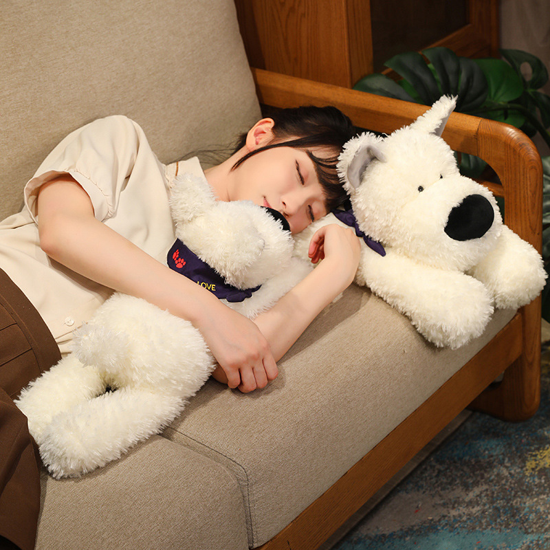 Bandana Dog Plush Toy resting on a sofa, offering soft cuddly comfort for hugging, napping, relaxing, and cozy everyday moments