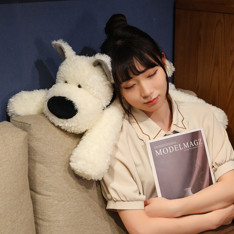 Bandana Dog Plush Toy with fluffy white plush and an oversized black nose, creating a cozy companion for reading, relaxing, and everyday comfort