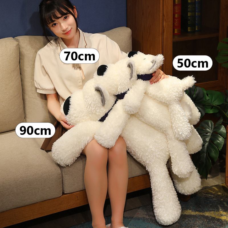 Bandana Dog Plush Toy size comparison showing 50 cm, 70 cm, and 90 cm options, perfect for hugging, cuddling, decorating, or gifting