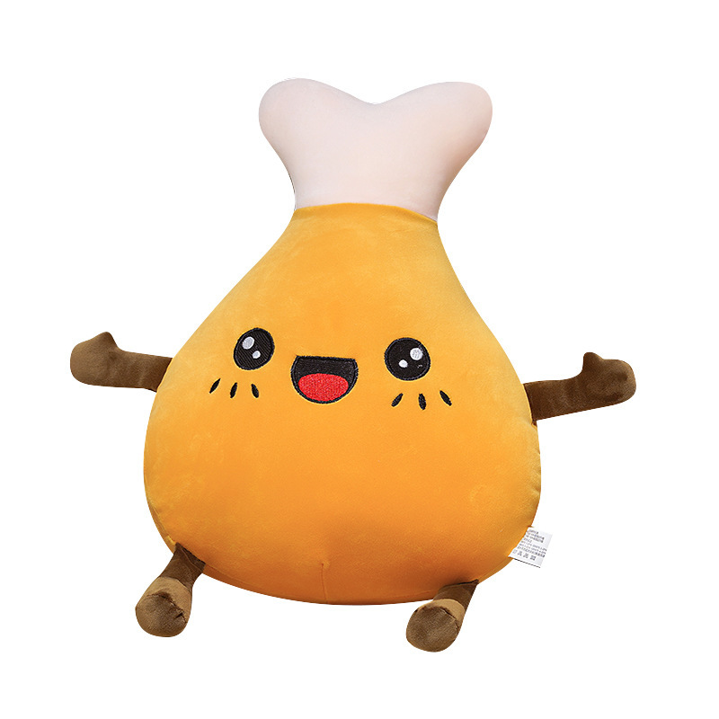 Chicken Drumstick Plush Pillow featuring soft plush fabric, fluffy PP cotton filling, and a cheerful embroidered face on a white background