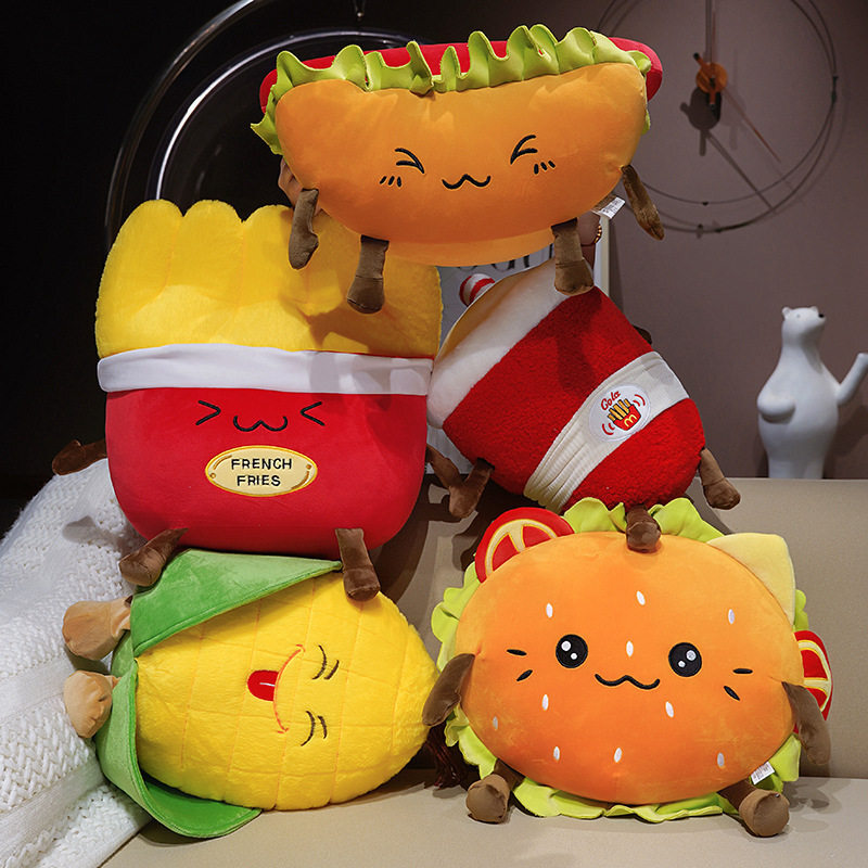 French Fries, Hot Dog, Cola, Corn, and Hamburger Plush Pillows arranged together, highlighting soft plush fabric and playful food-inspired designs