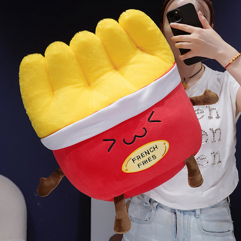 French Fries Plush Pillow with soft plush fabric, fluffy PP cotton filling, and a playful embroidered face, ideal for cuddling or brightening home decor