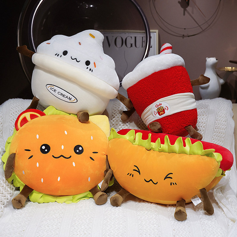Ice Cream, Cola, Hamburger, and Hot Dog Plush Pillows displayed together, showcasing adorable food-inspired designs for cozy home decor