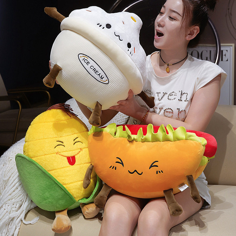 Ice Cream, Hot Dog, and Corn Plush Pillows featuring playful food-inspired designs, bringing soft comfort and cheerful charm to sofas, beds, and living spaces