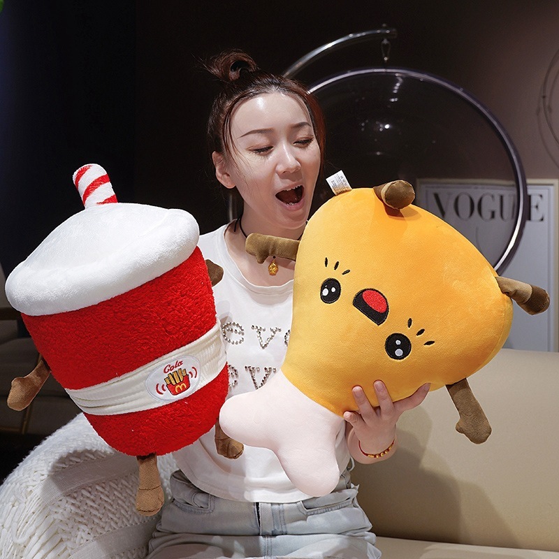 Cola and Chicken Drumstick Plush Pillows with soft plush fabric and cute food-inspired designs, ideal for hugging, relaxing, and adding playful style to home decor