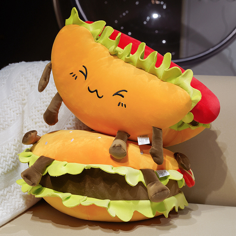 Hot Dog Plush Pillow stacked on a Hamburger Plush Pillow, featuring soft plush fabric, fluffy PP cotton filling, and adorable food-inspired designs