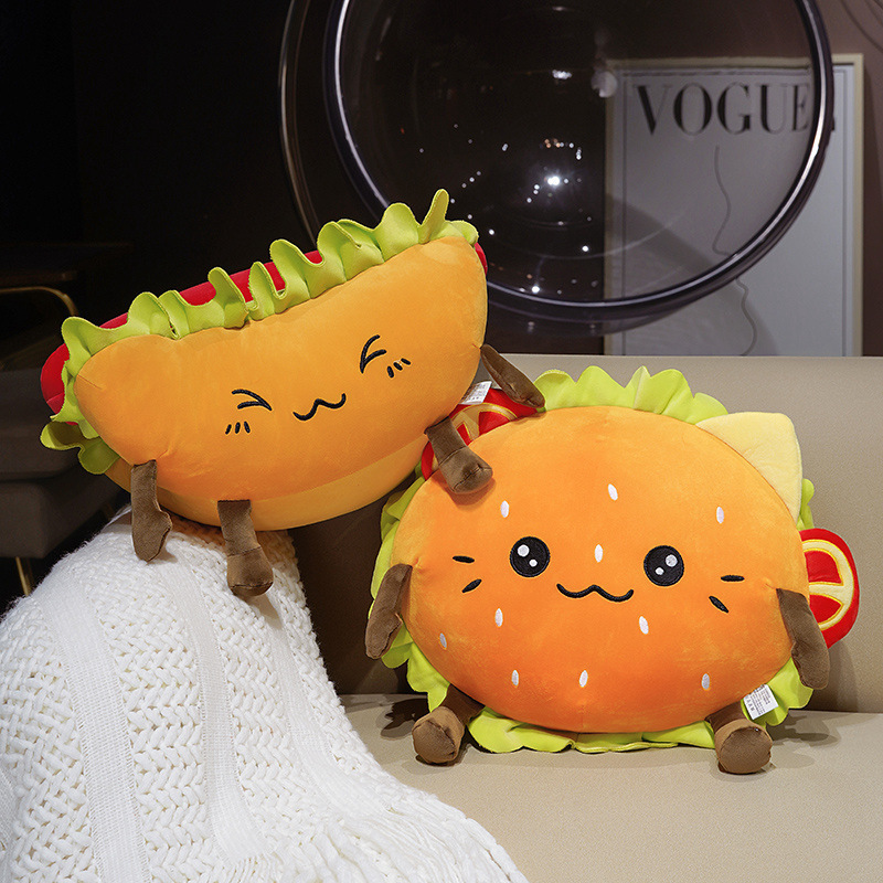 Hamburger and Hot Dog Plush Pillows displayed together with soft plush fabric and fluffy PP cotton filling, adding a playful touch to sofas and cozy spaces