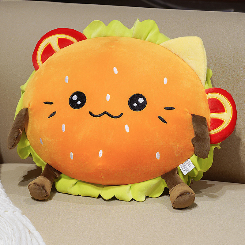 Hamburger Plush Pillow with a cute embroidered face, soft plush fabric, fluffy PP cotton filling, and adorable food-inspired design