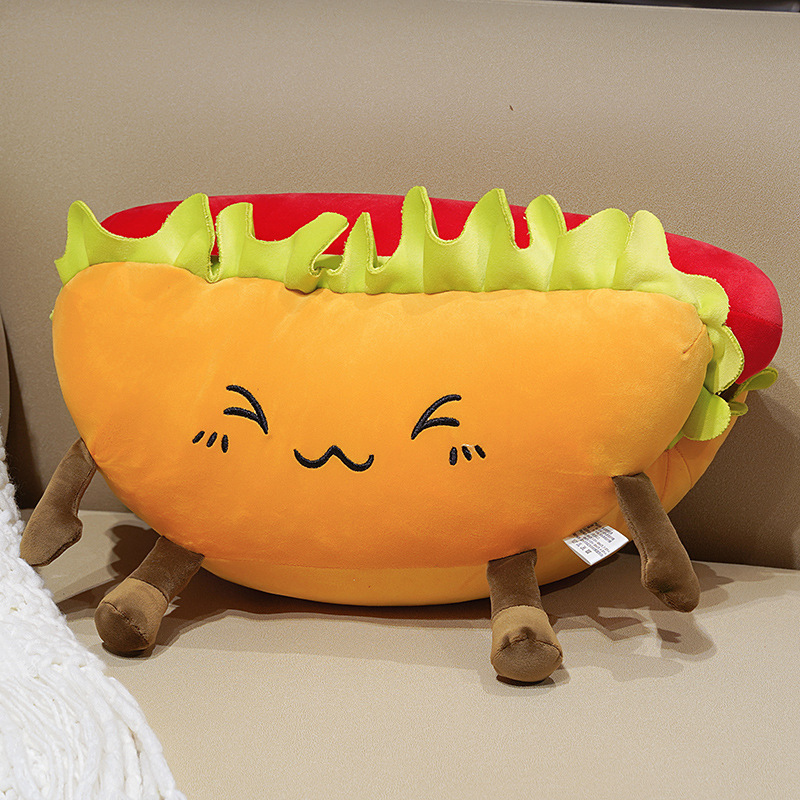 Hot Dog Plush Pillow with a smiling embroidered face, soft plush fabric, fluffy PP cotton filling, and cute food-inspired design