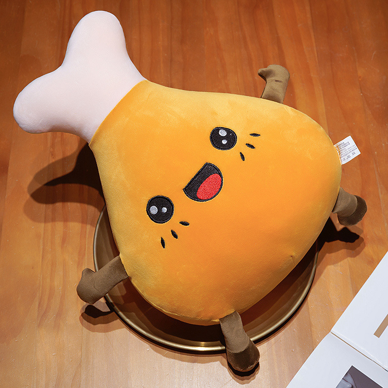 Chicken Drumstick Plush Pillow with soft plush fabric, fluffy PP cotton filling, and a cheerful embroidered face, perfect for hugging or decorating cozy spaces